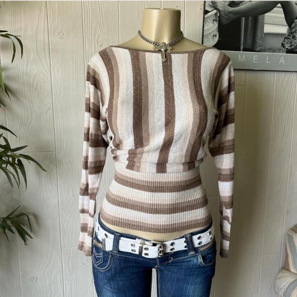Y2K Brown Striped Sweater with a subtle shimmer - Picture 5 of 5